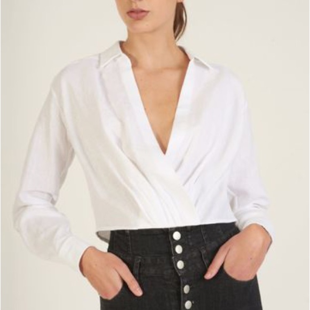MARISSA WEBB “MAXWELL” CROSSOVER LINEN TOP, SZ S WHITE